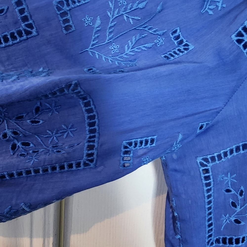 Johnny Was Blue Midi Sundress with Tiered Skirt and 3/4 Bishop Sleeves - Picture 7 of 12